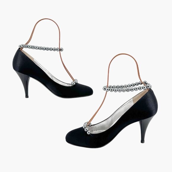 Chanel Pearl Ankle Strap Pumps Heels Black Satin Size 38 US 7–7.5 Women Anklet - Picture 12 of 15